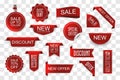 Set of sale tags, new collection and offers labels and ribbons. 3d dicsount badges on transparent background with shadow. Vector Royalty Free Stock Photo